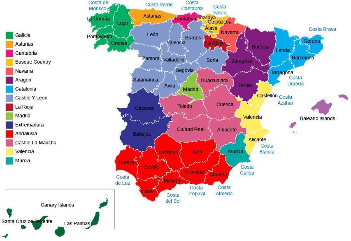 Regionen Spanien Karte Küste Städte Landschaft