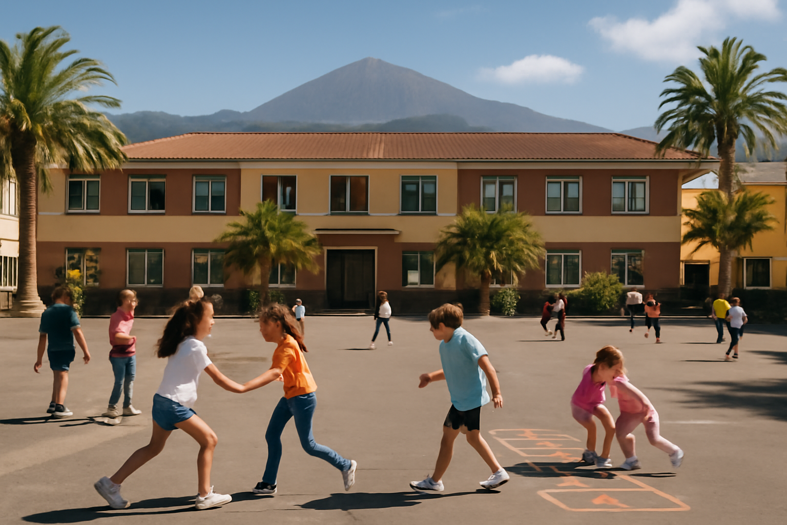 Kinder spielen im Freien auf Teneriffa, Schulumgebung.